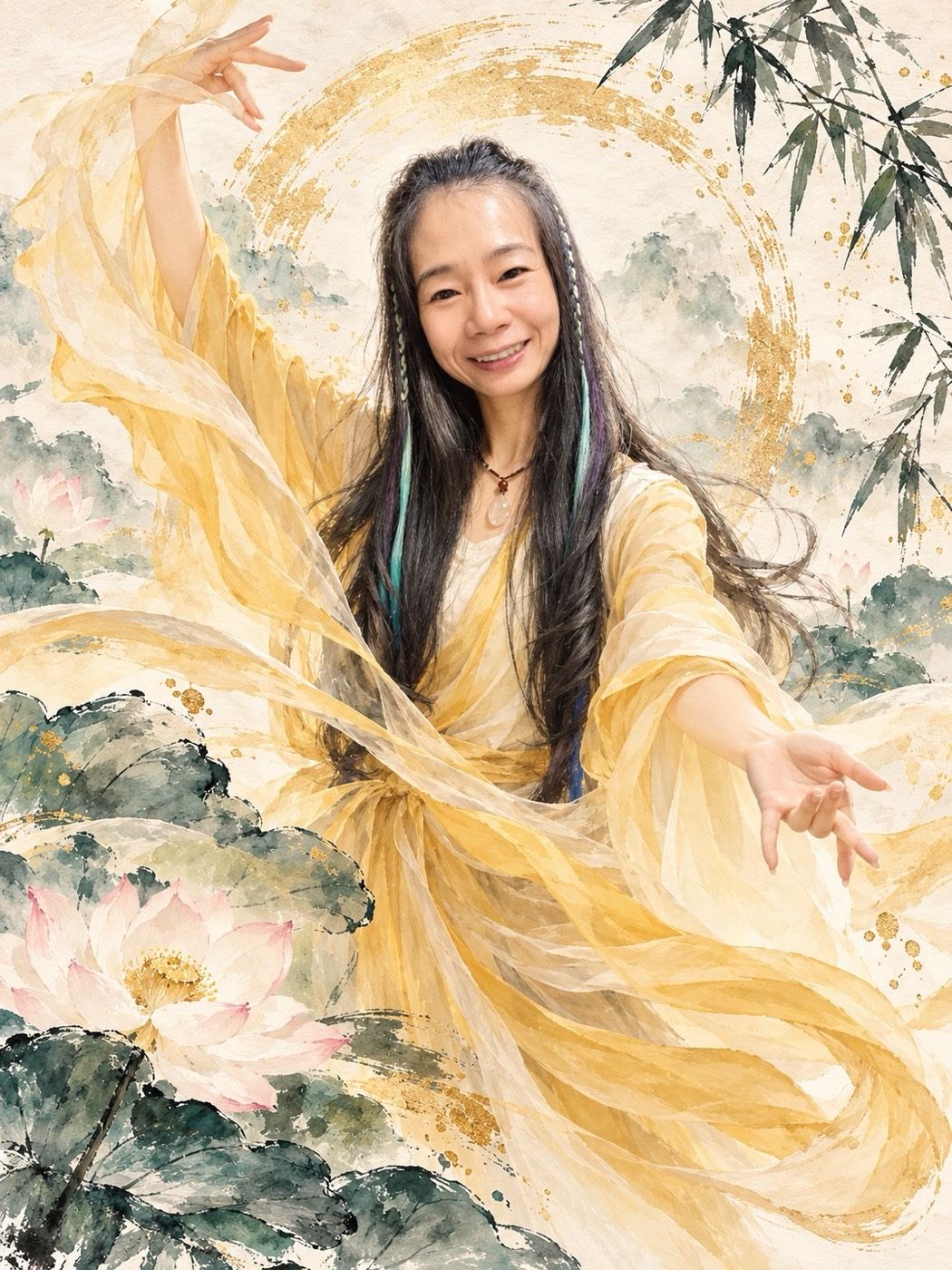 沛鈮老師身著金紗禪服，在荷花與水墨之間舞動